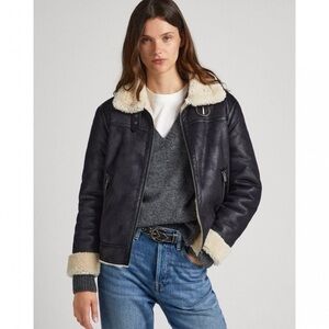 Pepe Jeans Black and Cream Bomber Faux Leather Jacket
